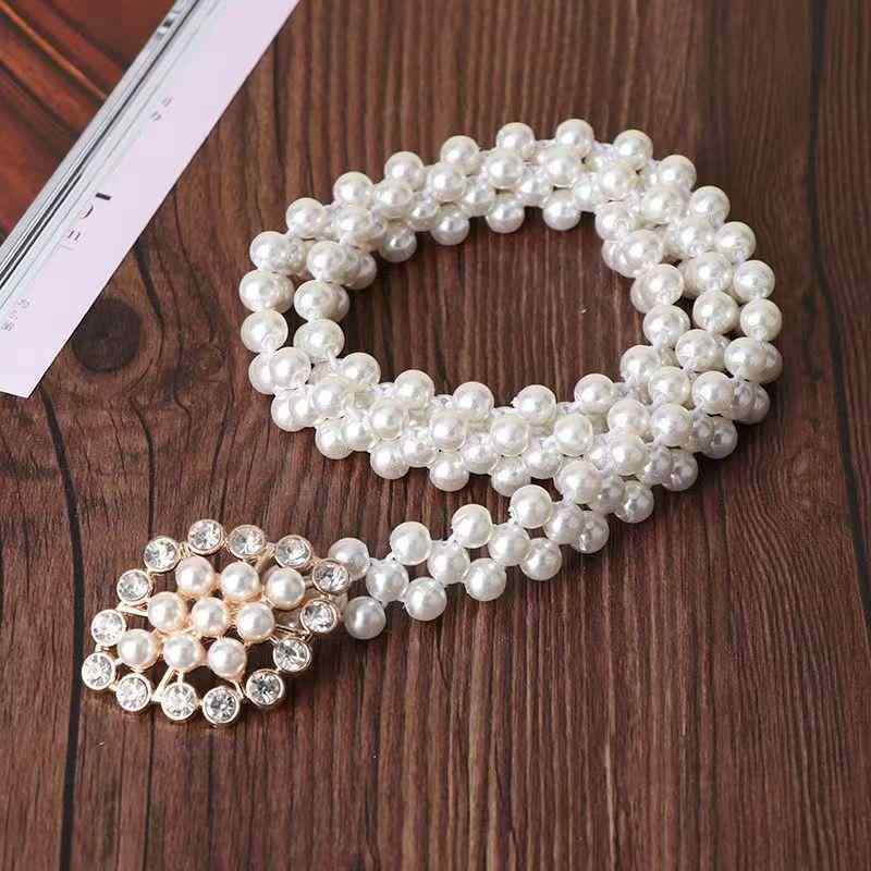 ベルト パール ビジュー 細身 ゴム ストレッチ エレガント 韓国 ドレス ワンピース 装飾 白 春夏 レディース アクセサリー(4.0)