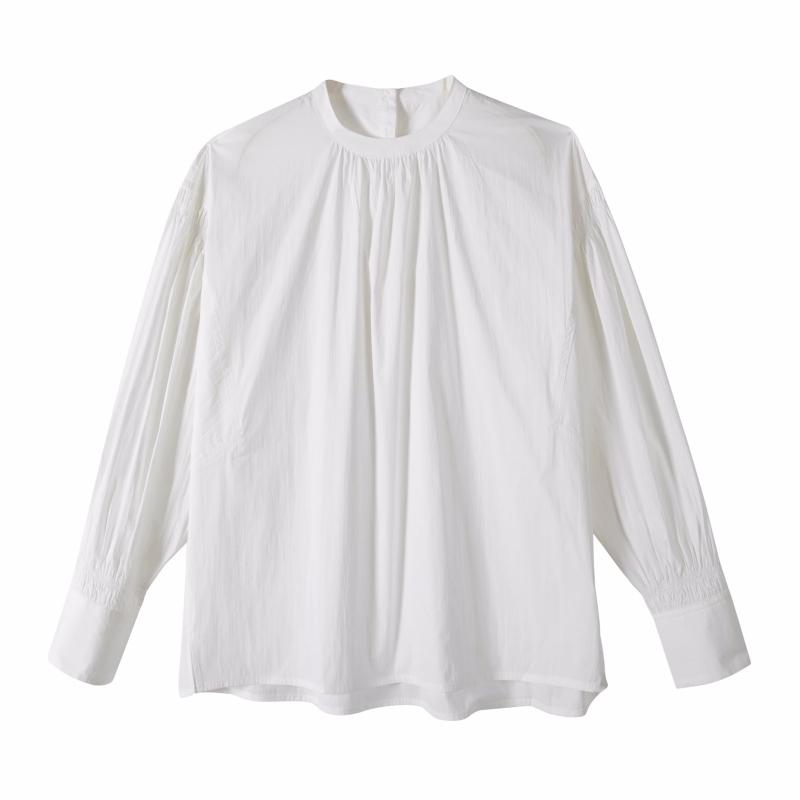 Long-Sleeved - ブラウス レディース ボリューム 袖 おしゃれ 春夏 カジュアル 長袖 ラウンドネック ギャザー 装飾 背中 ボタン パフスリーブ 普段使い お出かけ 旅行 ニッチ ゆったり無地 シンプル 白 黒
