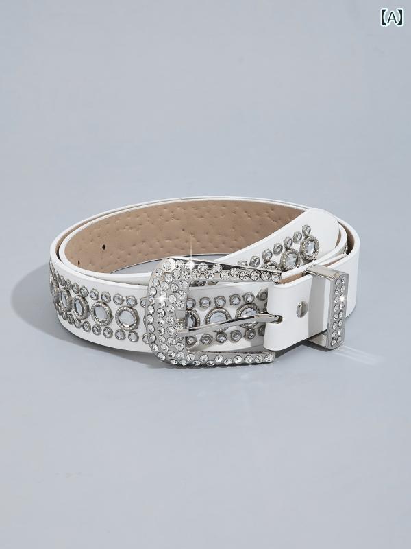 ベルト 白 幅広 ラインストーン スタッズ パンク ヒップホップ 韓国 レディース おしゃれ カジュアル アクセサリー