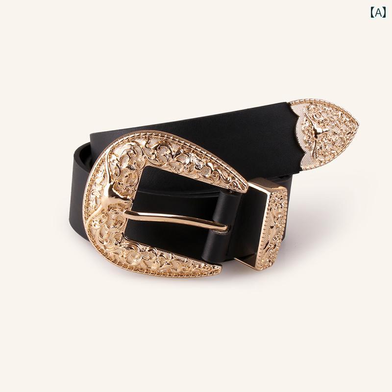 ベルト 黒 合金 彫刻 バックル ヴィンテージ風 羊頭 モチーフ レディース 個性 洋服 ウエストマーク