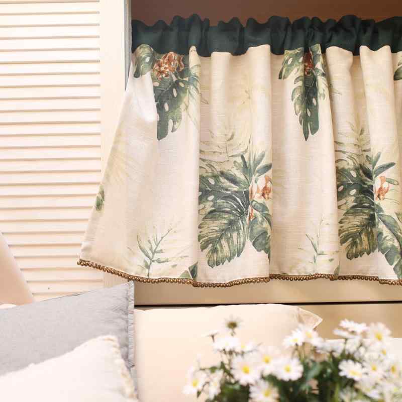 カフェ カーテン 生地 柔らかい 棒なし トロピカル ショート ドア 小さめ パーテーション キャビネット パンチングなし リーフ ビーズ おしゃれ 緑