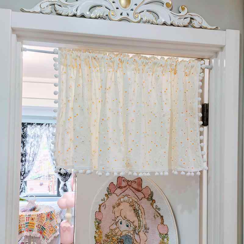 カフェ カーテン 生地 柔らかい 棒なし かわいい ボール エッジ 小さめ 花 ハーフ ドア プリンセス 寝室 レイアウト スクリーン 通気性 アイボリー