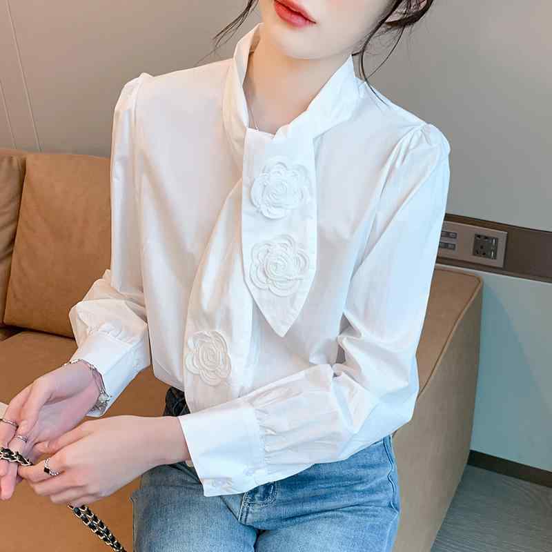 Long-Sleeved - ブラウス レディース ボリューム 袖 おしゃれ 春夏 カジュアル 長袖 花 スカーフタイ 装飾 普段使い お出かけ 旅行 フレンチ スタンドカラー 秋 パフスリーブ 大きいサイズ ゆったり 通勤 オフィス 無地 白