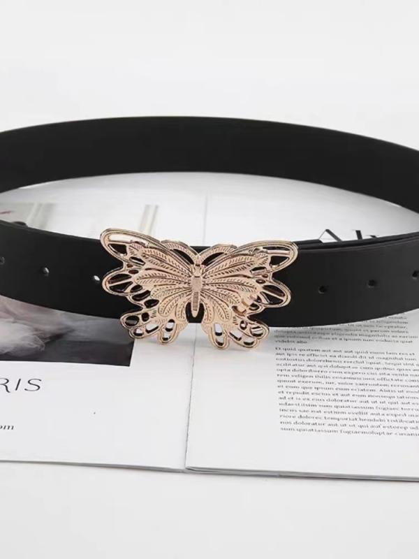 ベルト レディース 黒 太め バタフライ 金属バックル 蝶 シルバー 小物 おしゃれ パンツ