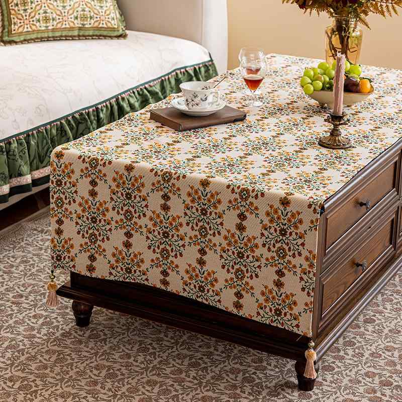 テーブルクロス おしゃれ キャビネット カウンター スクエア ジャカード タッセル 防塵 カバー ダイニング 装飾 インテリア アメリカン レトロ カントリー調 花柄