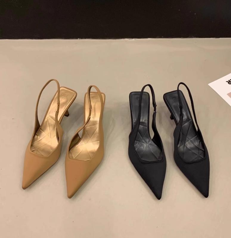 ポインテッドトゥ ミュール パンプス サンダル レディース 春夏 ピンヒール つま先あり スリングバック ストラップ サテン 靴 シューズ 前ふさがり 歩きやすい 痛くなりにくい 美脚 韓国 おしゃれ オフィス 通勤 普段使い 黒 ピンク カーキ