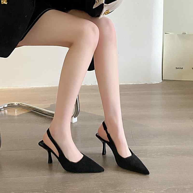 ポインテッドトゥ ミュール パンプス サンダル レディース ピンヒール つま先あり スリングバック ストラップ 靴 シューズ 前ふさがり 歩きやすい 痛くなりにくい 美脚 韓国 おしゃれ シンプル オフィス 通勤 OL 女子会 普段使い 黒 アプリコット