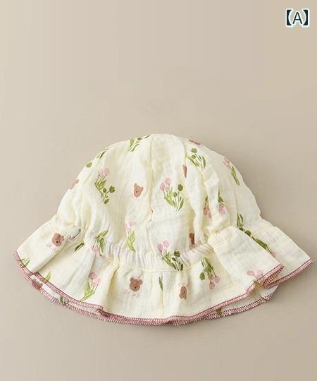 フロントップ楽天市場店のベビー 帽子 春夏 カントリー 調 女の子 日焼け対策 チューリップハット 柔らかい リボン シンプル かわいい 茶 緑 ピンク クマ チェリー 小花柄｜アングル2