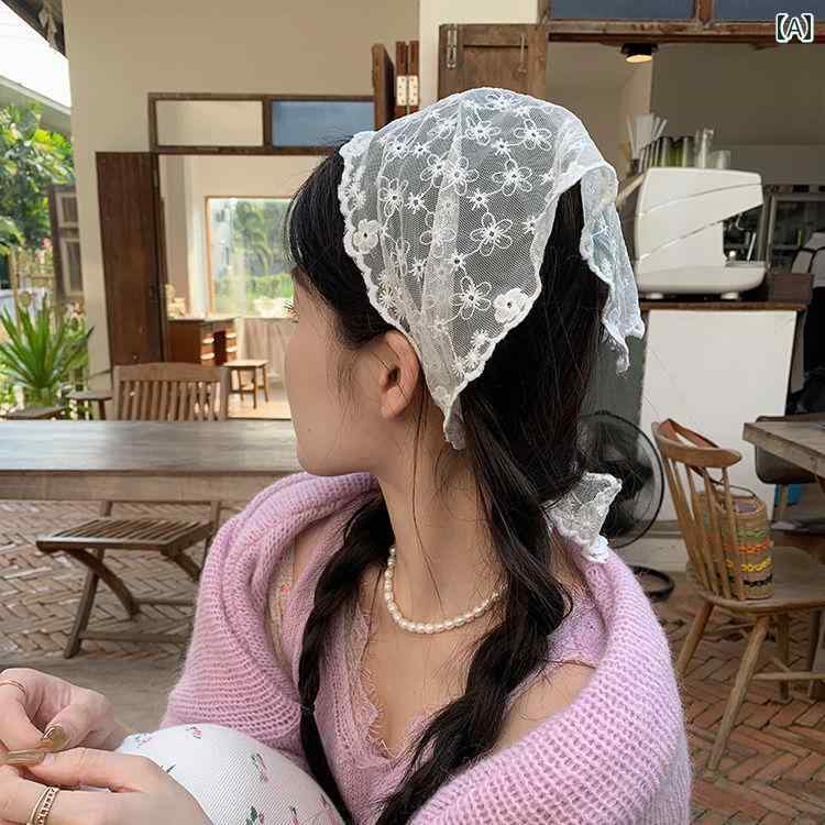 スカーフ 頭 レース レディース 夏 薄手 涼しい 日焼け防止 刺繍 三角 フリーサイズ おしゃれ 花柄 冷房対策 ネックウォーマー 白 アプリコット 黒