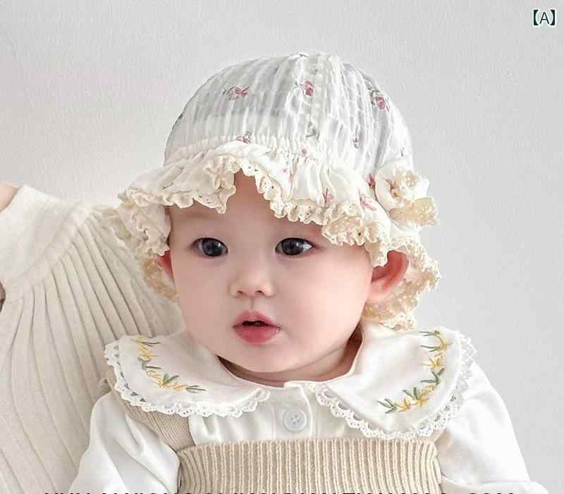 フロントップ楽天市場店のベビー 帽子 春夏秋 カントリー 調 女の子 日焼け対策 通気性 柔らかい 頭保護 調節 チューリップハット リボン フリル レース 誕生日 出産祝い プレゼント かわいい 紫 ピンク ベージュ 花柄｜アングル2