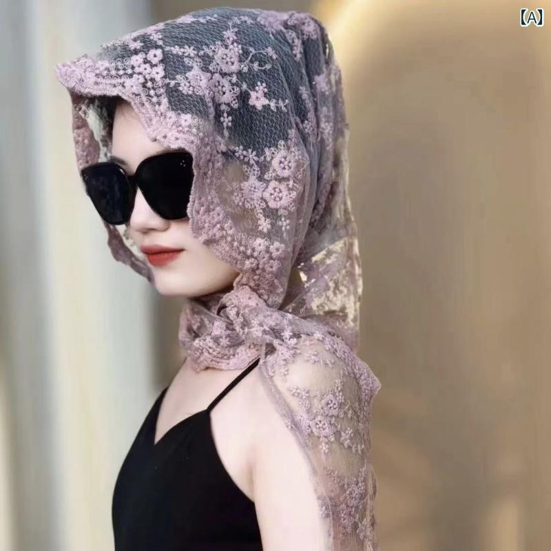 レース 帽子 レディース 刺繍 スカーフ 日焼け対策 頭 首元 保護 通気性 上品 おしゃれ 透かし編み 花..