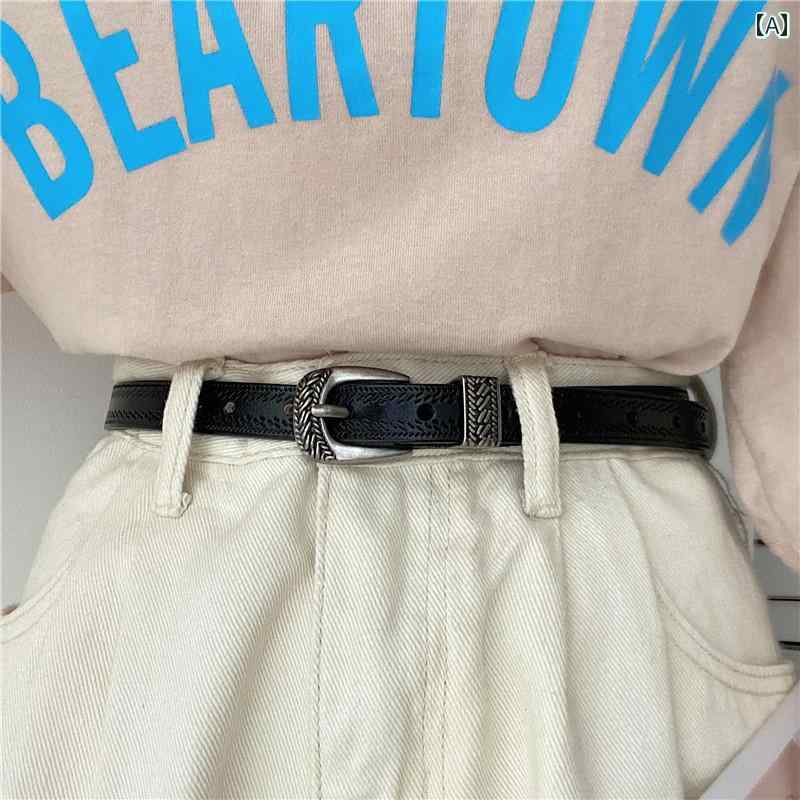 ベルト レディース 革 細 ヴィンテージ風 夏 黒 合金バックル 装飾 カジュアル デニムパンツ スラックス