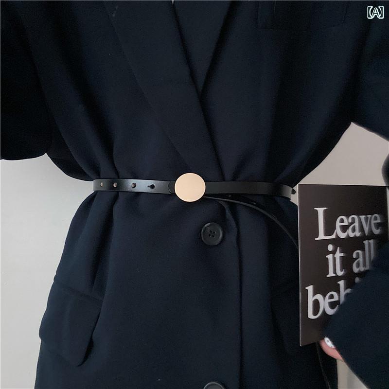 ベルト レディース 細 夏 韓国 シンプル 丸型バックル 黒 おしゃれ ウエストマーク スタイリッシュ スカート ジャケット デニム