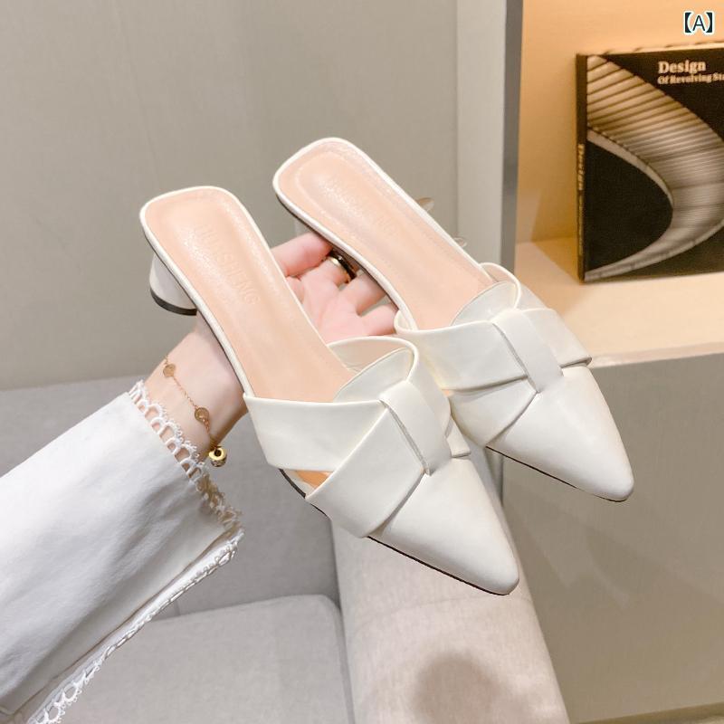 ポインテッドトゥ ミュール サンダル レディース チャンキー 太ヒール つま先あり PU 浅口 靴 シューズ 滑り止め 前ふさがり 歩きやすい 痛くなりにくい 美脚 韓国 おしゃれ カジュアル オフィス 通勤 OL 女子会 普段使い ベージュ