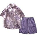 半袖 シャツ メンズ おしゃれ 夏 速乾 ひんやり 涼しい 薄手 トップス ボトムス ショートパンツ ウエストゴム ドローコード ポケット 大きいサイズ マーブルフラワー 無地 紫 青 黒