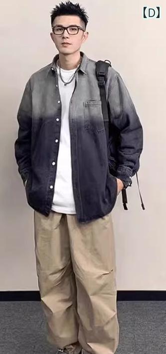 Denim Shirt - 半袖 シャツ メンズ おしゃれ 秋 トップス 長袖 デニム グラデーション 厚手 ロンT ボトムス 九分丈 ワークパンツ ウエストゴム ドローコード ポケット 3点セット レトロ 大きいサイズ 無地 黒 グレー カーキ