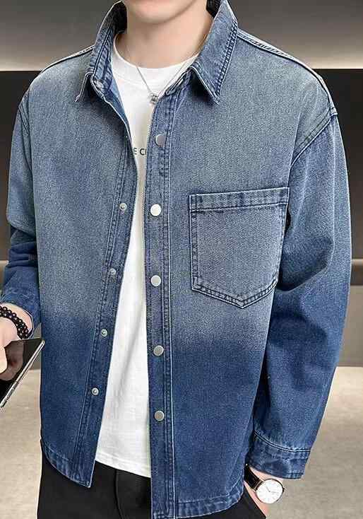 Denim Shirt - シャツ メンズ おしゃれ 春秋 ジャケット 長袖 スナップボタン 胸ポケット ウォッシュ加工 吸湿性 通気性 グラデーション ヴィンテージ風 大きいサイズ 緑 青