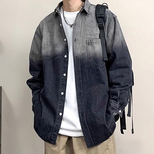 Denim Shirt - シャツ メンズ おしゃれ 秋 ジャケット 長袖 デニム 胸ポケット ボトムス ウエストゴム ワークパンツ 高耐久 ウォッシュ加工 ゆったり 大きいサイズ グラデーション 無地 黒 白 カーキ