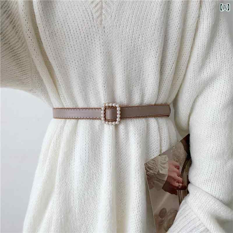 ベルト レザー 細 パールバックル 穴無し 風 レディース ウエストマーク きれいめ ニット コート 合わせ おしゃれ ベージュ