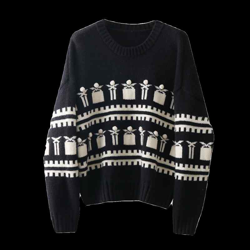 ニット セーター レディース 長袖 ブラック クリスマス ジャカード柄 丸首 ラウンドネック ゆったり 秋冬 プルオーバー
