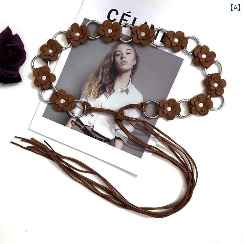 ベルト フラワー モチーフ 花柄 鋲 ボヘミアン レトロ 民族風 ウエスト紐 アクセサリー レディース コーデ装飾 スカート ウエストチェーン