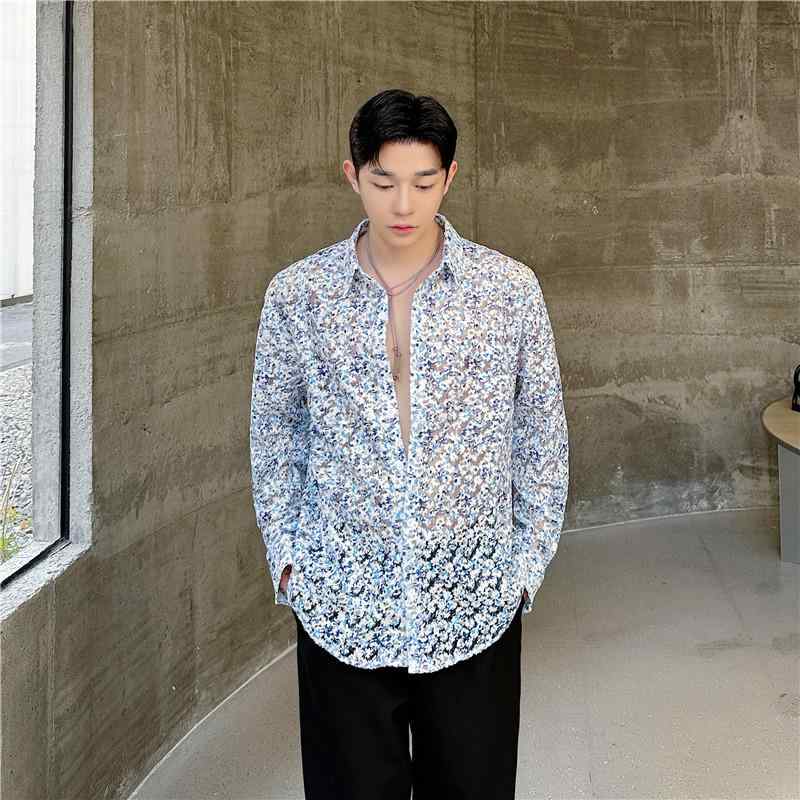 乐天商城 - 小花柄 シャツ メンズ レディース 夏 長袖 韓国 ドレープ ポリエステル 通気性 薄手 黄色 青 カジュアル 普段使い おでかけ おしゃれ ゆったり