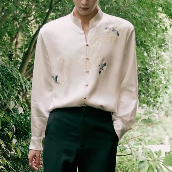 チャイナ風 シャツ スタンドカラー 長袖 メンズ レディース 刺繍 レトロ スリムフィット サテン パーティー 白 柔らかい シンプル おし..