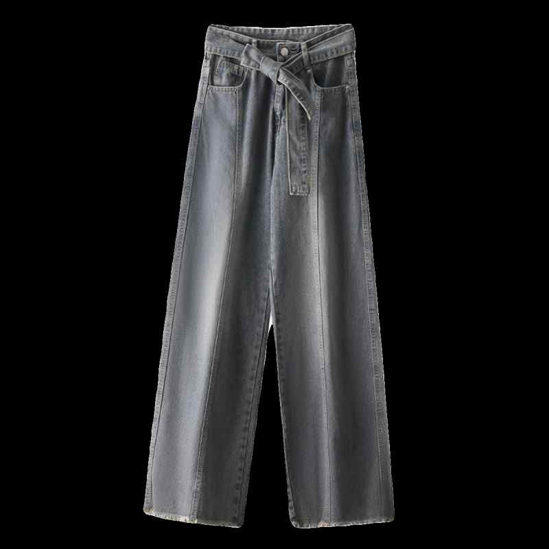 直筒褲 - デニムパンツ レディース おしゃれ カジュアル ハイウエスト ワイド ストレート 秋冬 レトロ アメリカ風 ゆったり ドローストリング
