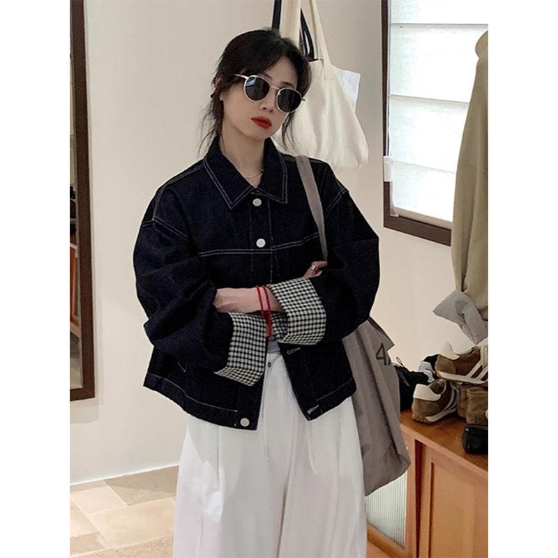 襟 ジャケット レディース アウター デニム カジュアル 普段使い お出かけ レジャー 春秋 前開き ボタン レトロ ショート 袖 折り返し おしゃれ チェック柄 無地 青