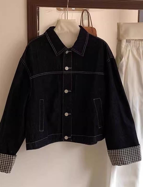 襟 ジャケット レディース デニム アウター カジュアル 普段使い お出かけ レジャー 春秋 前開き ボタン 長袖 レトロ ショート 袖口 折り返し チェック柄 おしゃれ 無地 シンプル 青(4.0)