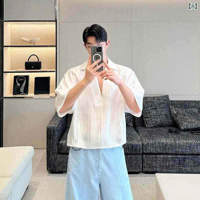 メンズ サテン シャツ 夏 Vネック 半袖 薄手 ドレープ 黒 白 シンプル 無地 普段使い おでかけ おしゃれ ゆったり 光沢 スタイリッシュ 韓国 滑らか ショート