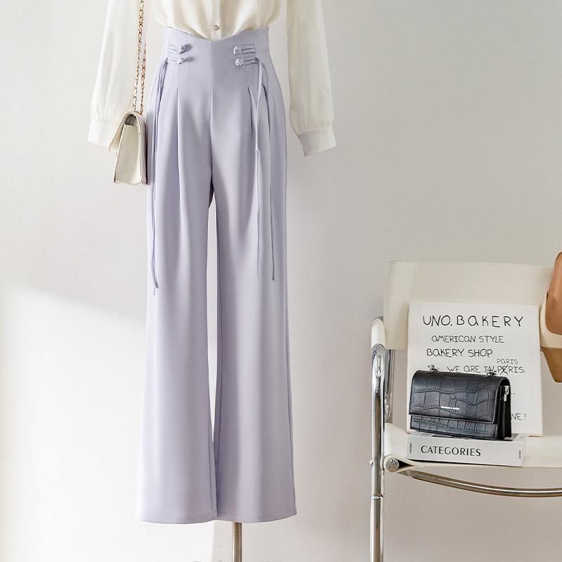 Cropped Pants - オフィスカジュアル レディース パンツ おしゃれ ライトパープル ワイド ハイウエスト 中国風 チャイナボタン 春夏 通勤 シンプル 美脚
