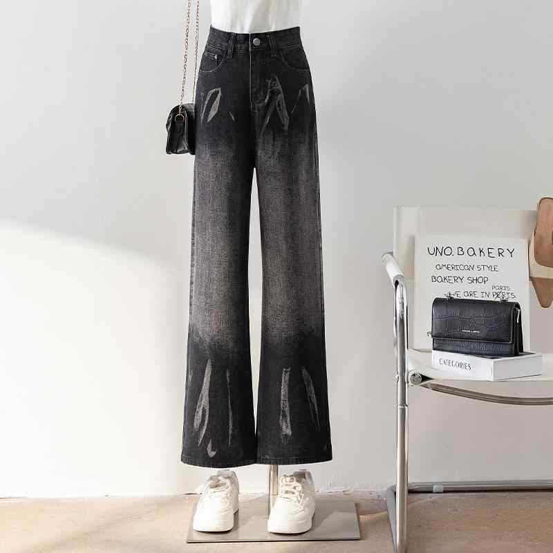 Straight Jeans - デニムパンツ レディース おしゃれ カジュアル グラデーション ストレート レトロ ハイウエスト スリム見え ワイド 春 ロング