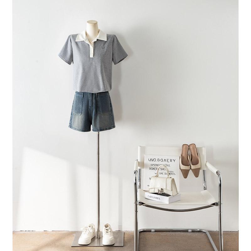 Short Pants - デニム ショートパンツ ブルー ハイウエスト Aライン ワイド 脚長効果 ポケット 韓国 夏 カジュアル