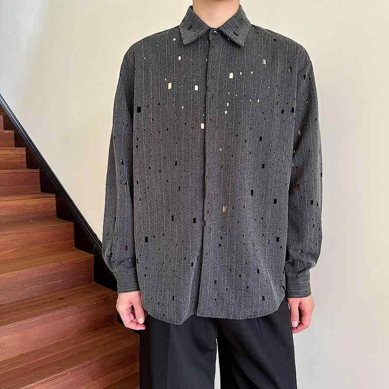 キラキラ シャツ 秋 レトロ グレーストライプ 長袖 メンズ シンプル おしゃれ おでかけ 普段使い ゆったり ラインストーン きらきら 個性的(4)