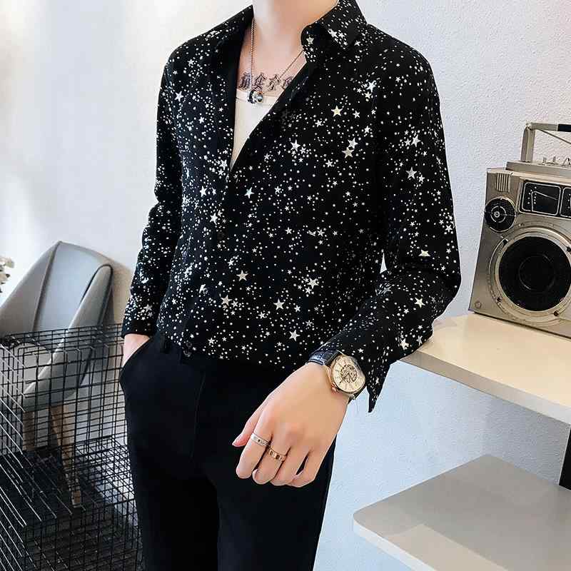 キラキラ シャツ メンズ 長袖 カジュアル 大きいサイズ 普段使い 春 薄手 白 黒 星 おしゃれ おでかけ 舞台 衣装 パフォーマンス