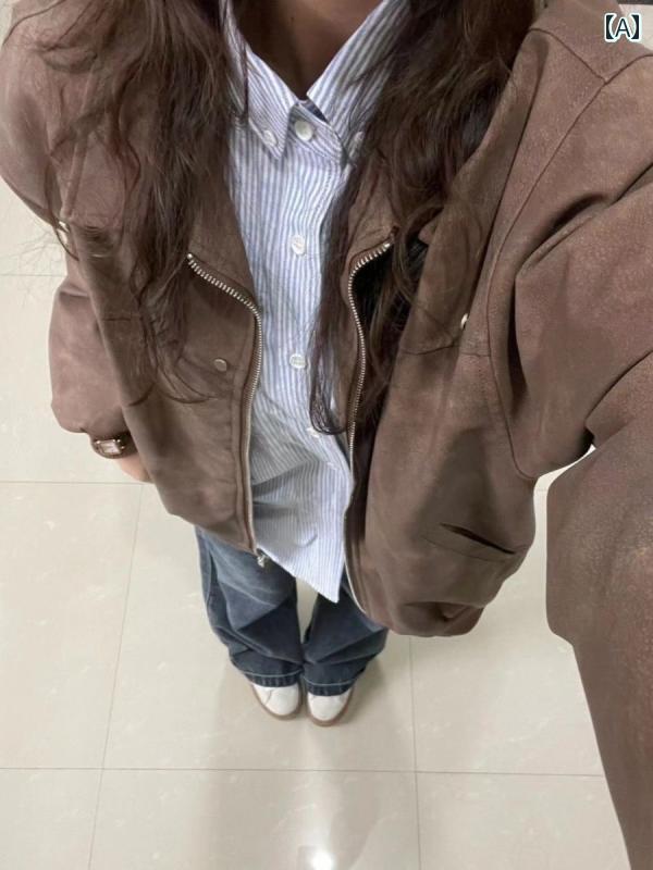 襟 ジャケット レディース アウター カジュアル 普段使い お出かけ レジャー 春秋 前開き ジップアップ 長袖 アメリカン レザー レトロ ストリート 大きいサイズ ゆったり ポケット おしゃれ 無地 茶色