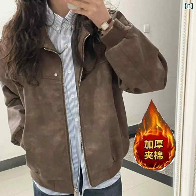 襟 ジャケット レディース アウター カジュアル 普段使い お出かけ レジャー 春秋 前開き ジップアップ 長袖 アメリカン レザー レトロ ストリート 大きいサイズ ゆったり ポケット おしゃれ 無地 茶色