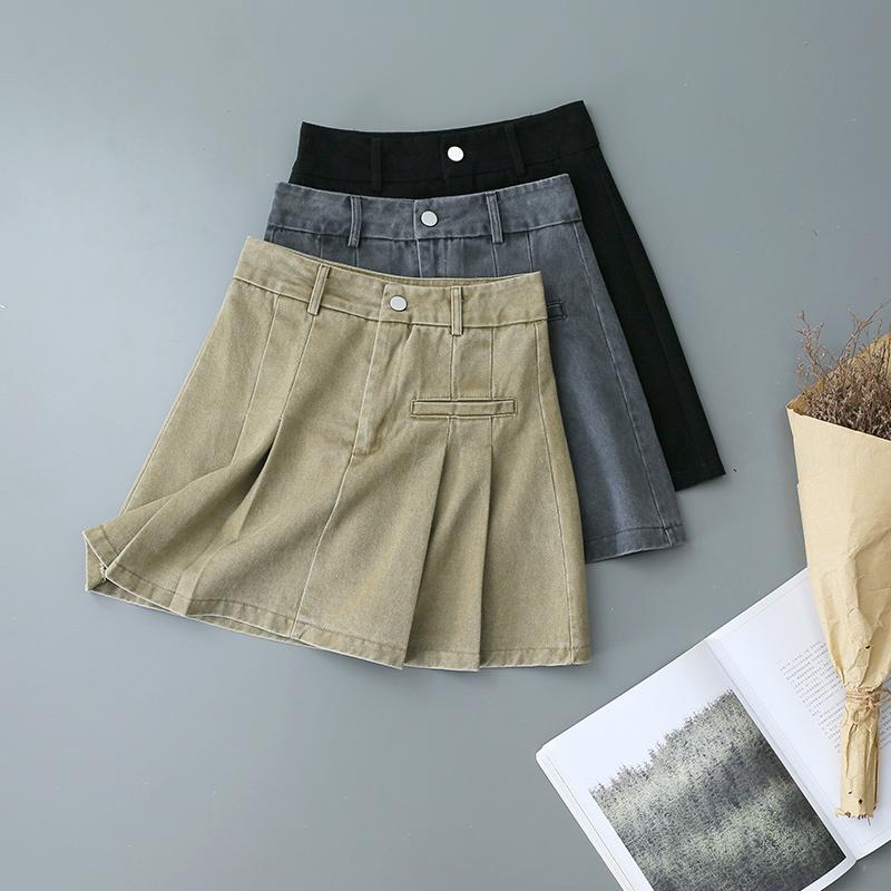 ミニスカート おしゃれ レトロ 水洗加工 デニム ハイウエスト Aライン 春夏 学院風 レディース