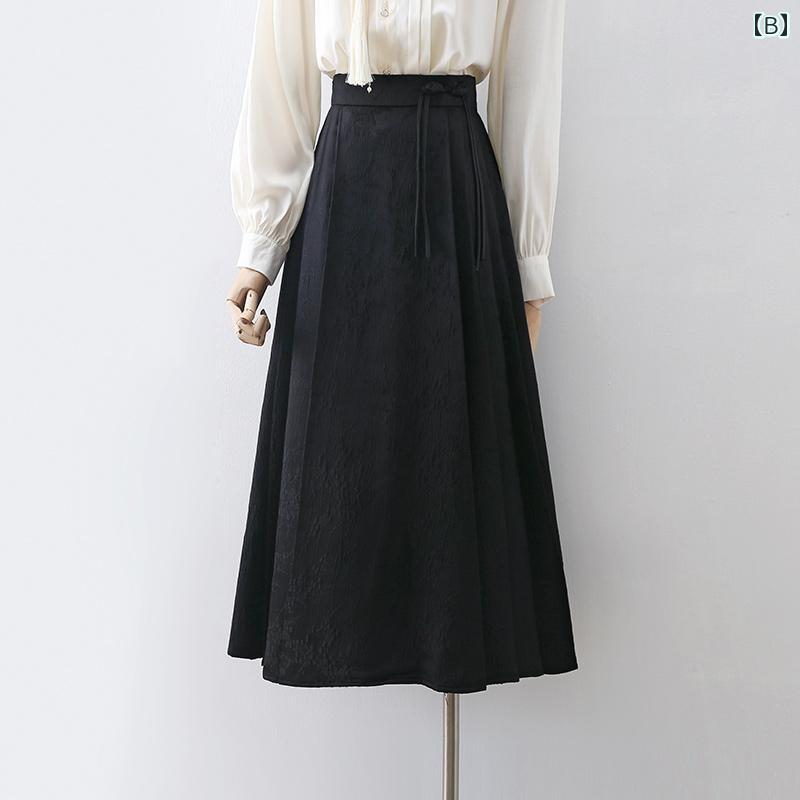 フロントップ楽天市場店のきれいめ スカート オフィス 大人 上品 ミモレ丈 ハイウエスト 春夏 中華風 チャイナボタン 型 Aライン レトロ｜アングル2