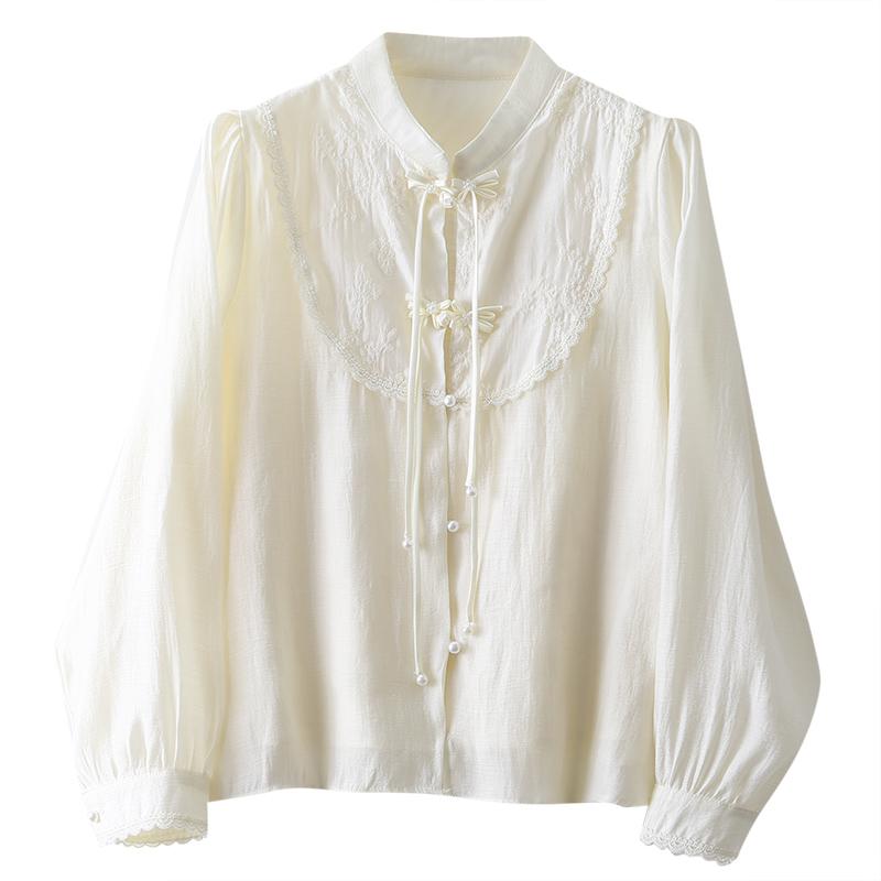 ブラウス レディース おしゃれ トップス 長袖 中国風 チャイナボタン 春秋 タッセル 上品 フェミニン スタンドカラー