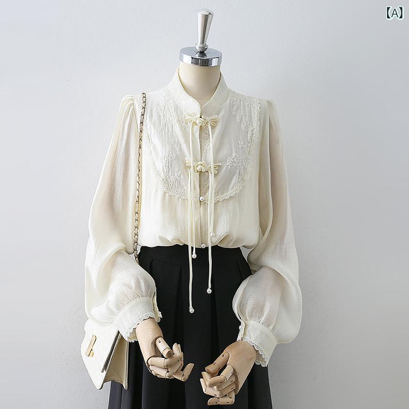 ブラウス レディース おしゃれ トップス 長袖 中国風 チャイナボタン 春秋 タッセル 上品 フェミニン スタンドカラー