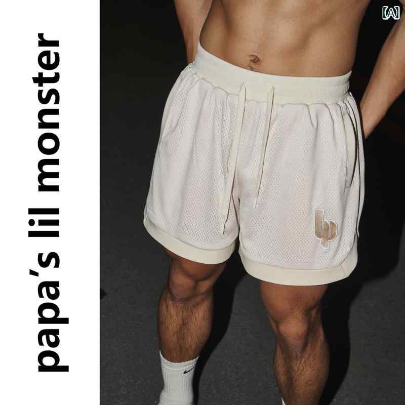 ショートパンツ メンズ ゆったり 夏 薄手 メッシュ 通気性 刺繍 ポケット ウエストゴム ドロスト ストレート ボトムス 半ズボン 短パン おしゃれ カジュアル ストリート 普段着 レジャー アウトドア スポーツ アメリカン レトロ 赤 黒 黄