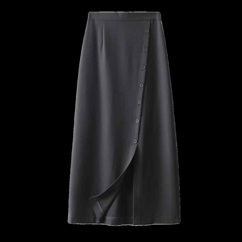 きれいめ スカート オフィス 大人 上品 黒 秋 ハイウエスト ミモレ丈 前スリット 斜めボタン Aライン タイト シンプル レディース 着痩せ カジュアル
