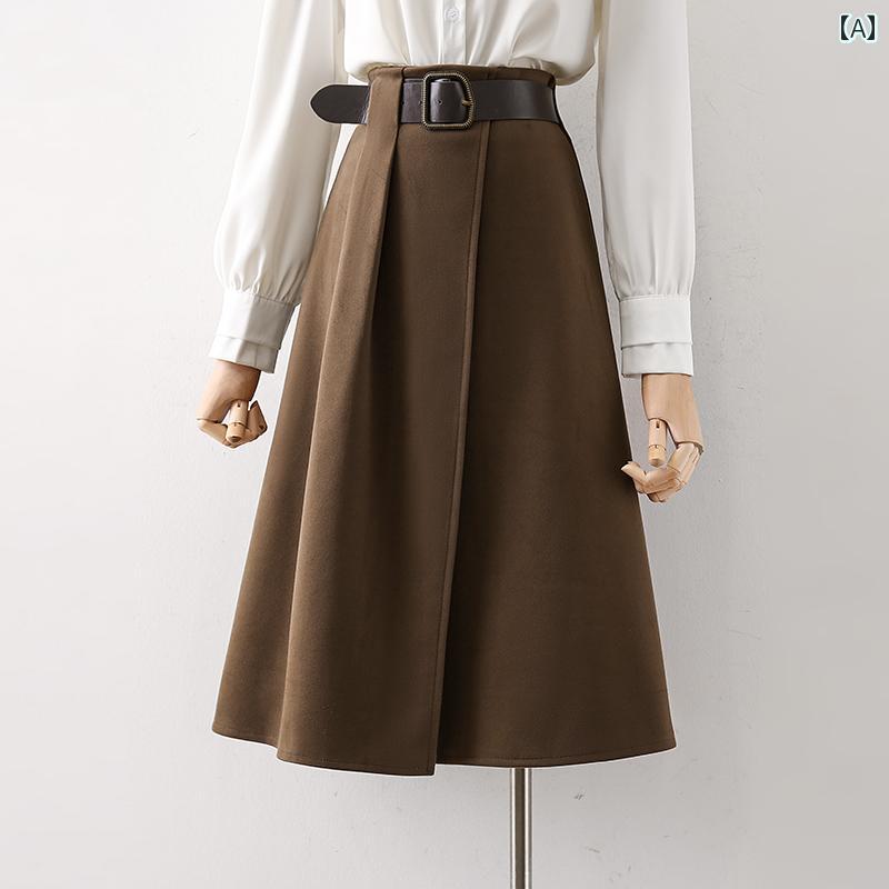 きれいめ スカート オフィス 大人 上品 ブラウン ハイウエスト 秋冬 無地 Aライン ウール 大きめシルエット