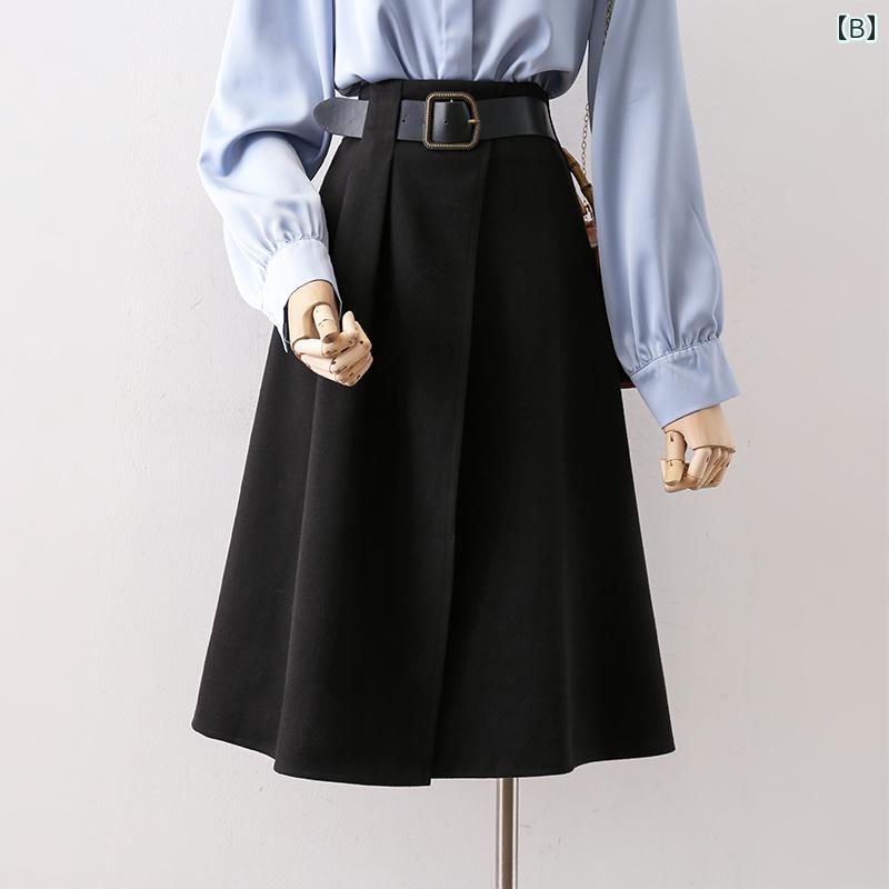 きれいめ スカート オフィス 大人 上品 ブラウン ハイウエスト 秋冬 無地 Aライン ウール 大きめシルエット
