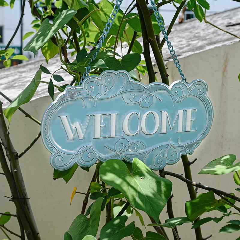 welcome サイン プレート アイアン チェーン 吊り下げ 玄関 庭 壁飾り インテリア 家庭 店舗 カフェ ヨーロピアン カントリー調 おしゃれ 青 白