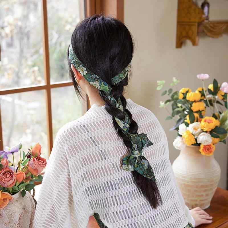ボヘミアン アクセサリー 大人 レディース エスニック 民族風 ロング 編み込み 髪飾り スカーフ リボン 花柄 おしゃれ カジュアル 緑(4)