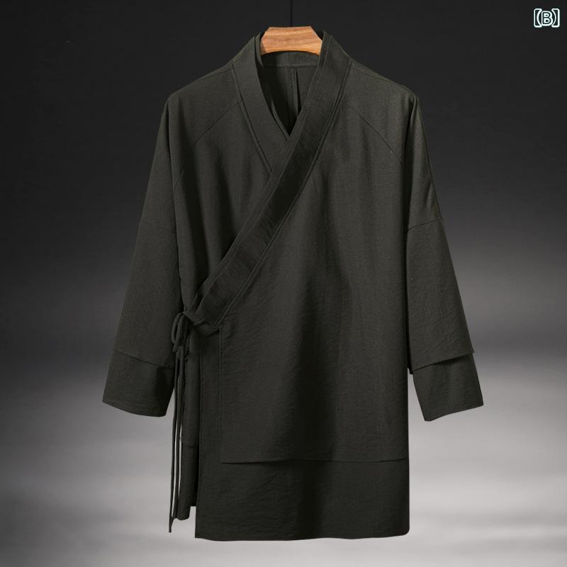 作務衣 メンズ 中国 道教 秋 長袖 重ね着風 唐装 リネン 麻 大きいサイズ フォーマル 無地 シンプル かっこいい 白 黒 ネイビー