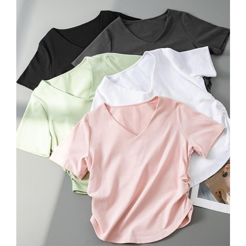 Tシャツ レディース ピンク Vネック 半袖 ショート丈 韓国 ドローストリング スリム 夏 シンプル